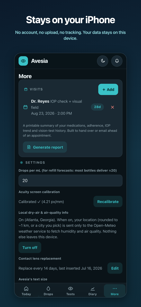 More screen showing the visit report generator and settings, with a note that data stays on the device